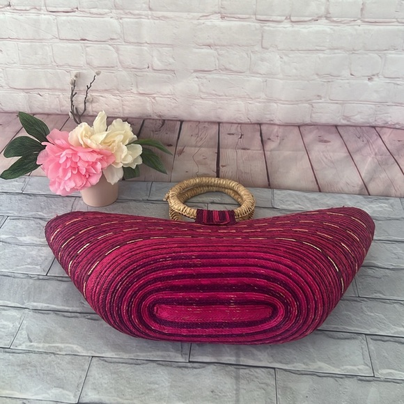 Bohemian rattan Straw woven fuchsia BEAUTY BEACH tote BAG/groceries basket - Picture 3 of 6